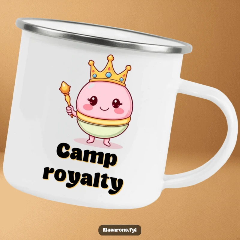 Funny macaron character in a crown, holding a scepter on a rugged camping mug, for royal outdoor enjoyment.
