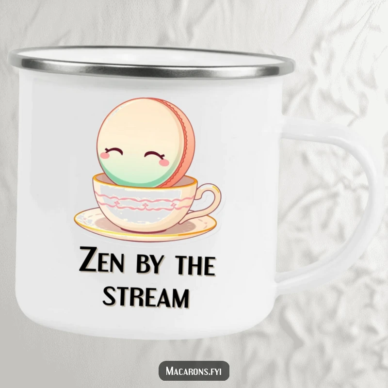 Funny Macaron Camping Mug showing a serene macaron floating on a teacup in a peaceful setting.