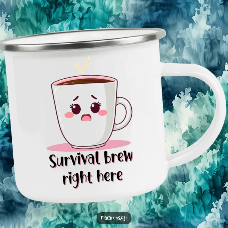 Funny Camping Mug: A sturdy mug shows a shocked macaron character peeking from behind a large coffee cup, ready for camping.