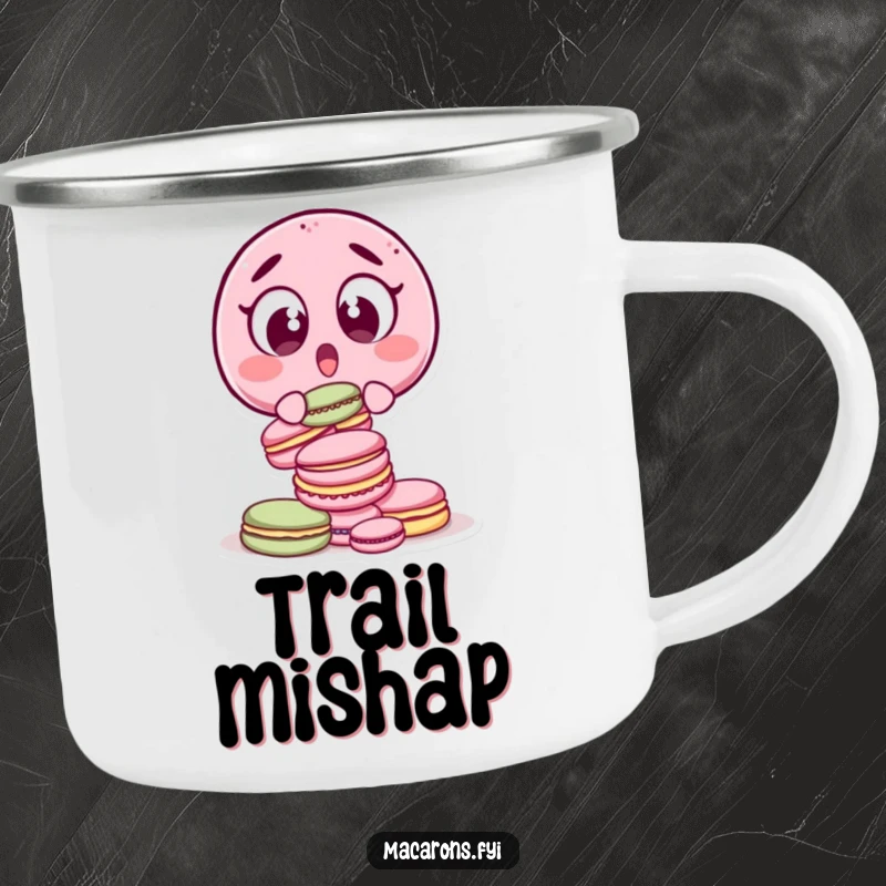 Funny surprised macaron character, wide-eyed, dropping macarons, on a durable and humorous camping mug.