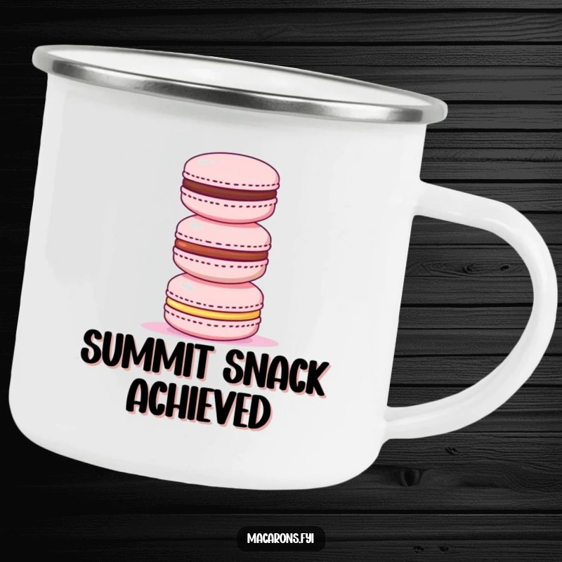 Funny camping mug of a triumphant macaron standing proudly on top of a stack of three smaller macarons, ready for adventure.