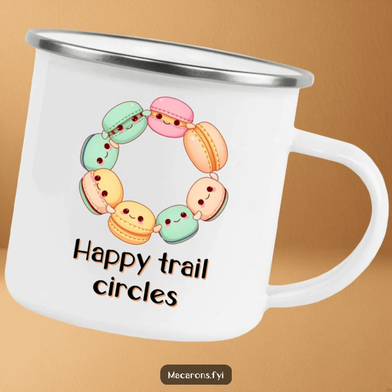 Funny Macaron Circle Camping Mug, enamel mug with cute macarons spinning happily, perfect for outdoor sweet drinks.