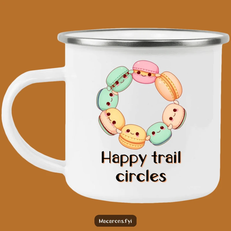 Funny Macaron Circle Camping Mug: Adventure with Spinning Sweet Companions