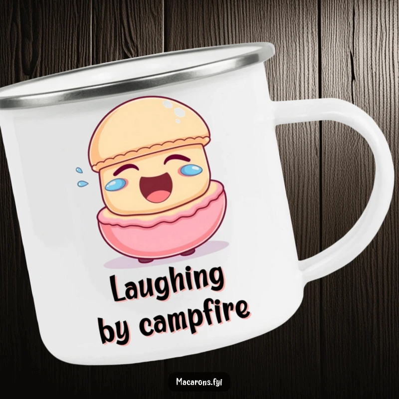 Funny macaron character laughing heartily with little joyful tears escaping, on a durable camping mug.