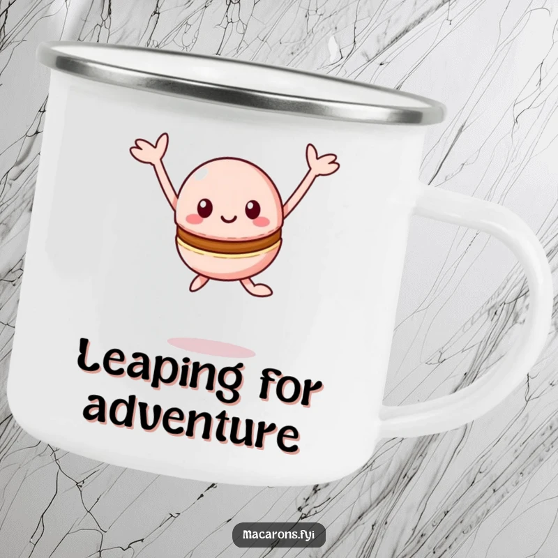 Funny Macaron Camping Mug: Joyful Kawaii macaron character leaping with arms outstretched happily, celebrating outdoor fun.