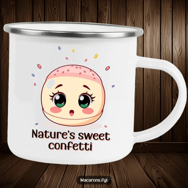 Funny camping mug of a wide-eyed macaron looking surprised as a shower of tiny sprinkles rains down, ready for adventure.