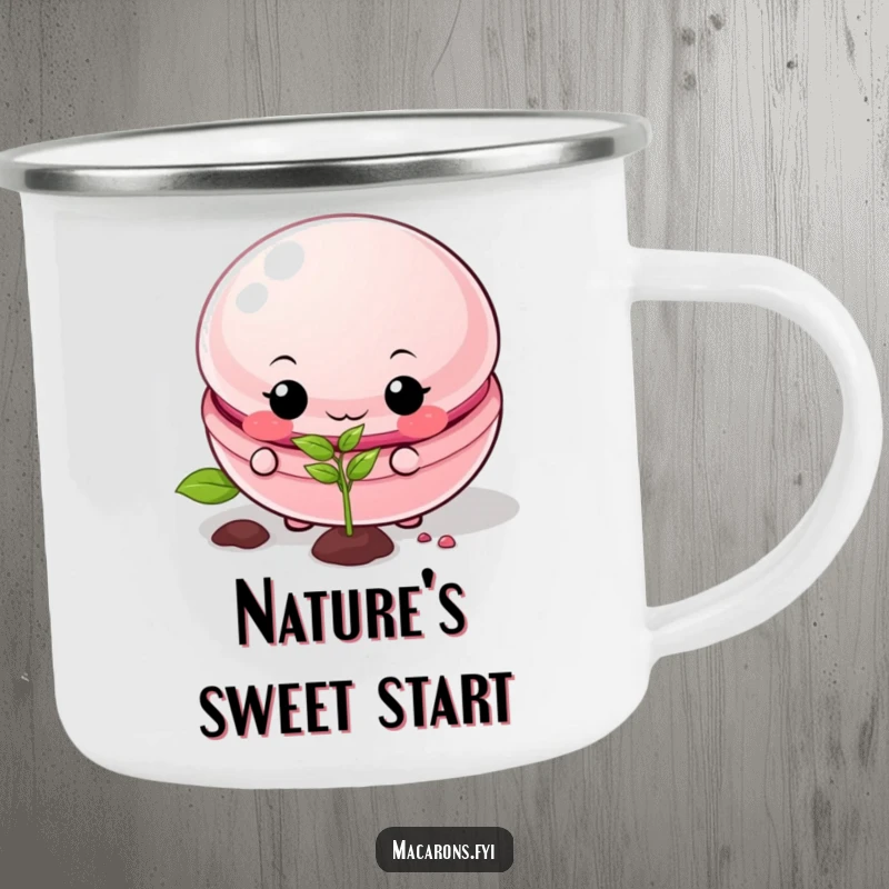 Funny macaron camping mug featuring a mischievous macaron planting a seed, durable for outdoor fun.