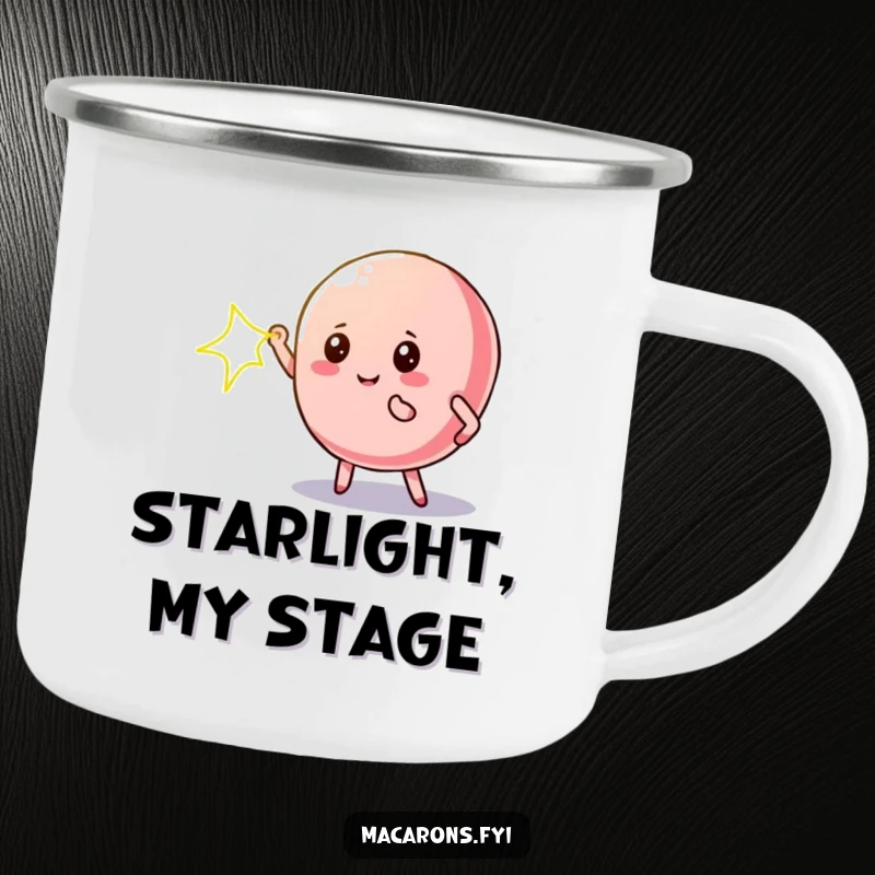 Funny macaron camping mug featuring a dramatic macaron character under a spotlight, durable for outdoor performances.