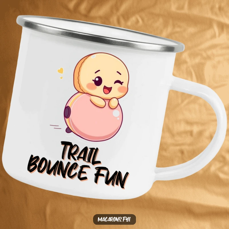 Funny macaron character winking, riding a bouncing ball with glee, durable for camping and adding playful cheer.