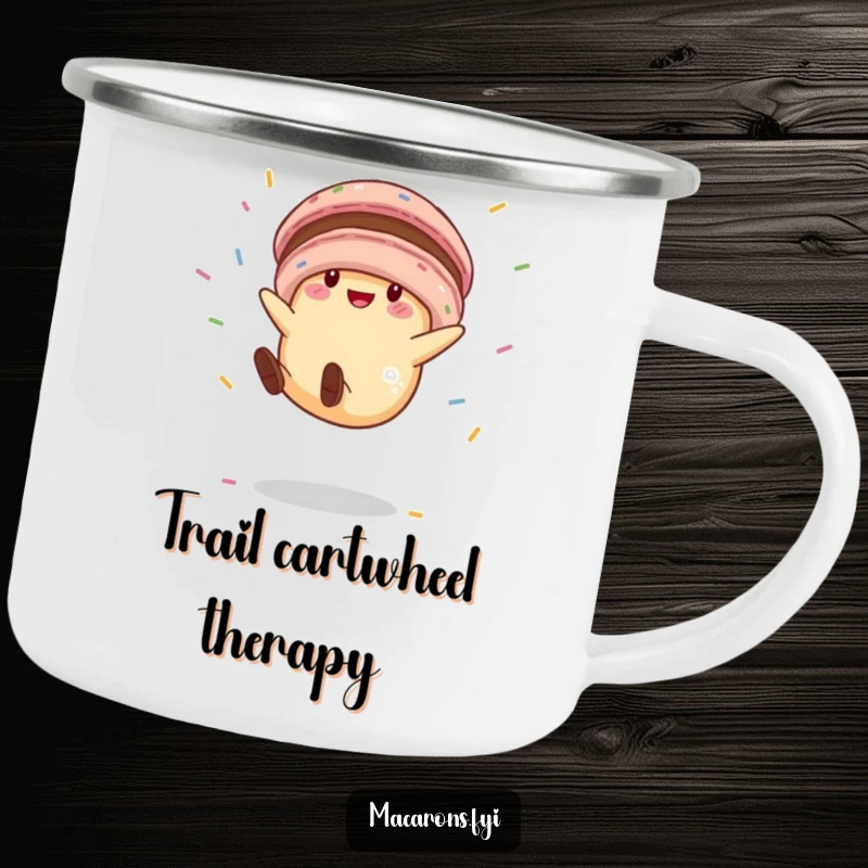 Funny macaron character doing a cartwheel, ready for the great outdoors, featured on a sturdy and funny camping mug.