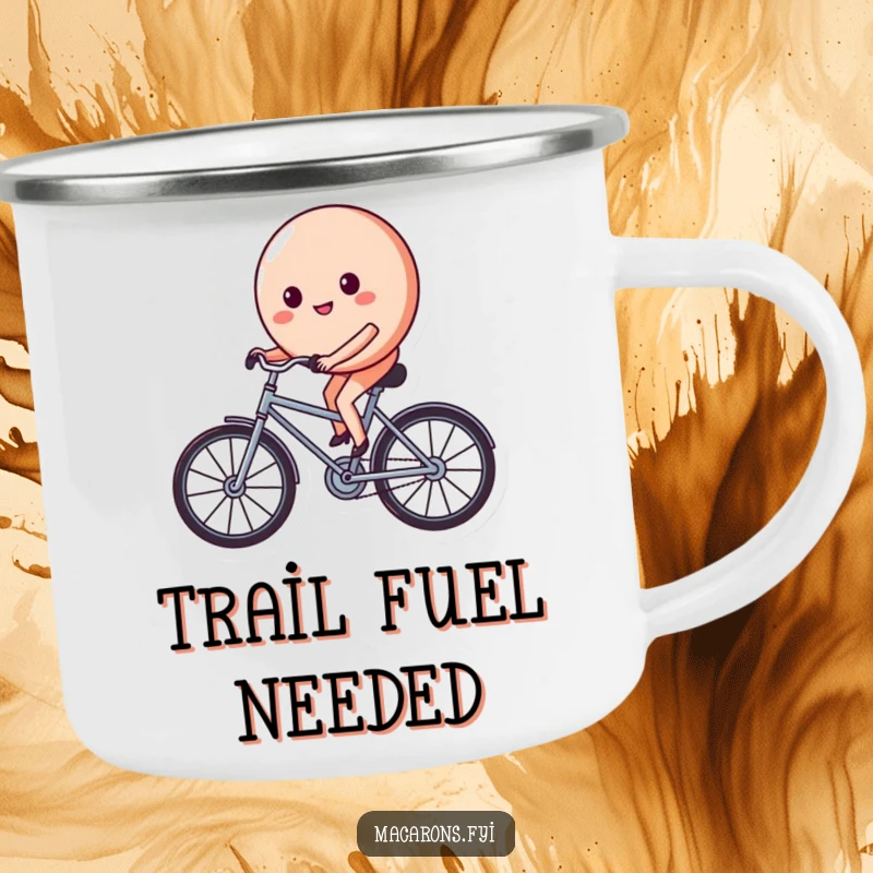 Funny macaron character on a tiny bicycle, pedaling with a determined and happy face, on a durable camping mug for outdoor fun.