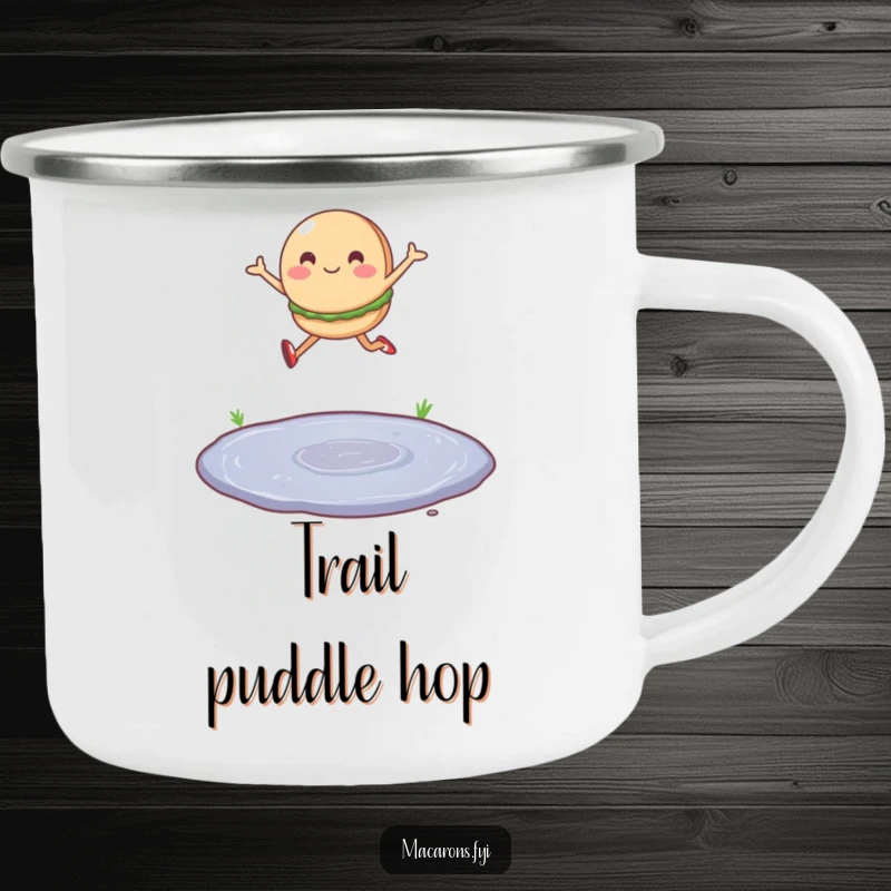 Funny camping mug with a single macaron character leaping joyfully over a tiny puddle, great for outdoor enjoyment.
