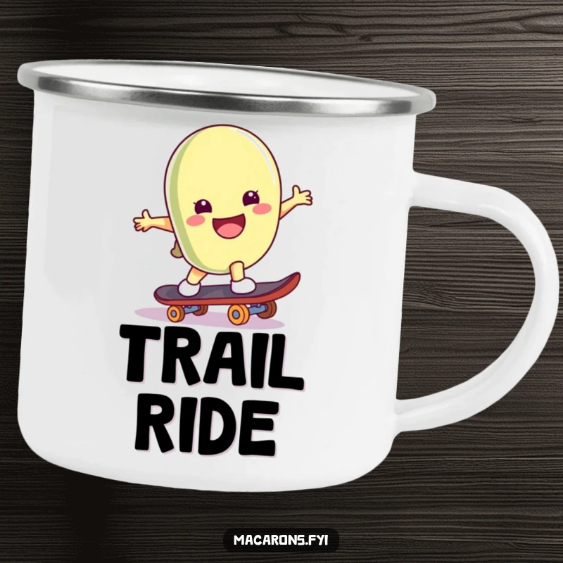 Funny macaron character on a skateboard, doing a trick, on a durable and cool camping mug.