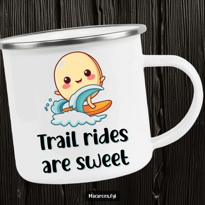 Funny macaron character happily surfing on a miniature wave, designed for rugged outdoor use on a durable camping mug.