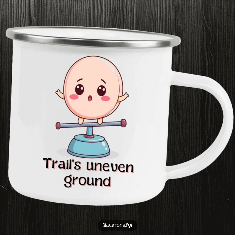 Funny macaron character with surprised expression, balancing on a teeter-totter, durable camping mug, cool funny gift.