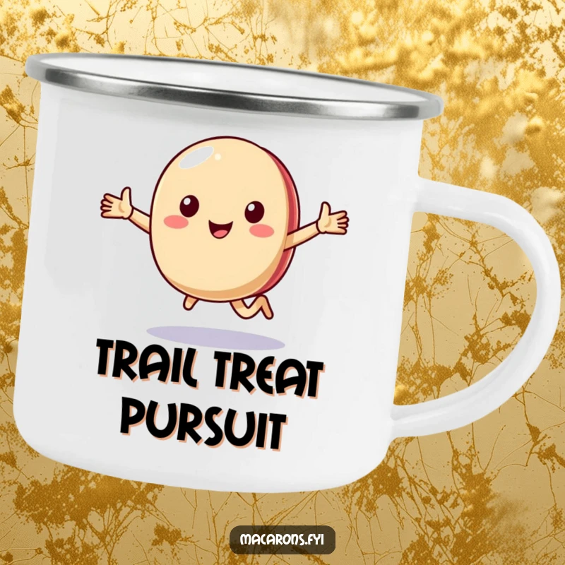 Funny macaron character running happily with arms outstretched on a durable camping mug, for cheerful outdoor moments.
