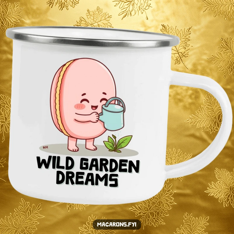 Funny Macaron Camping Mug showing a happy macaron enthusiastically watering a small sprout.