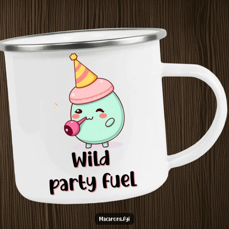 Funny macaron character with party hat blowing a tiny party blower, on a durable camping mug for outdoor use.