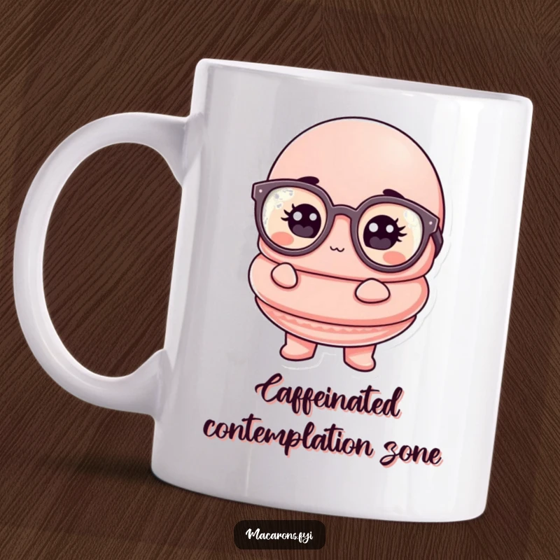 Funny macaron mug featuring a character wearing oversized glasses, looking comically thoughtful and wise.