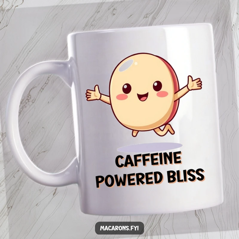 Funny macaron character running with arms outstretched happily, depicted on a mug, ideal for cheerful individuals.