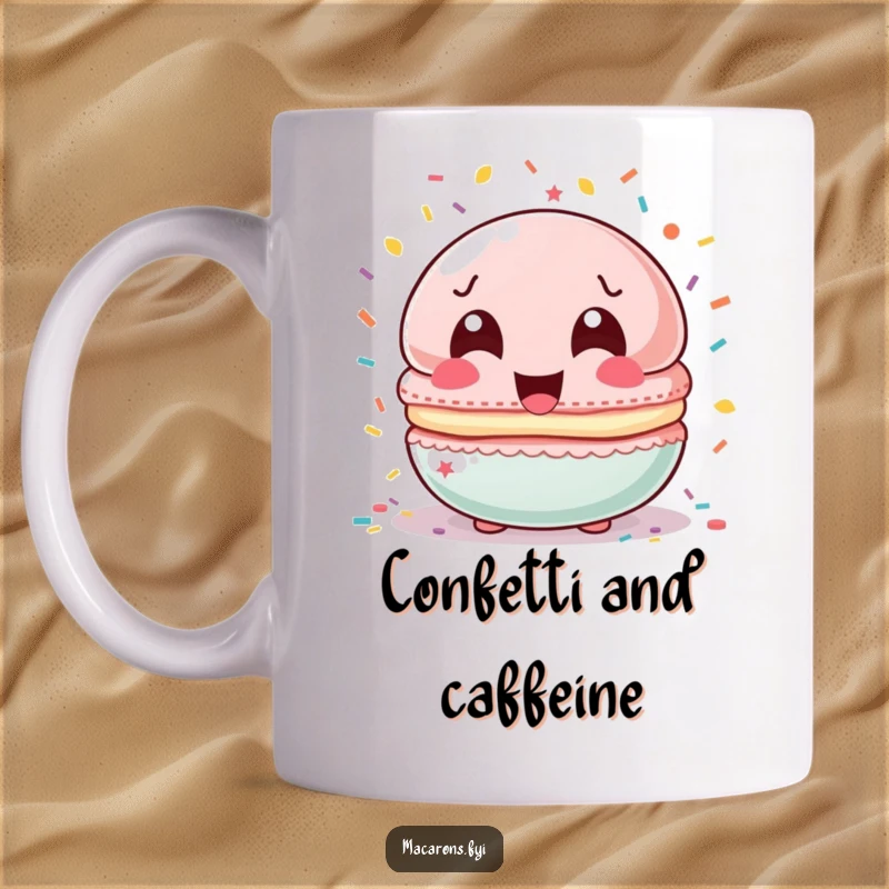 Funny macaron character with wide, laughing eyes, joyfully showered by colorful confetti, on a coffee mug.