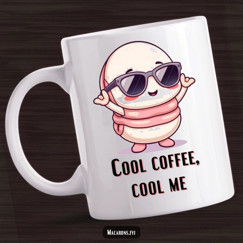 Funny Kawaii macaron character wearing cool sunglasses and striking a confident pose on this humorous mug.