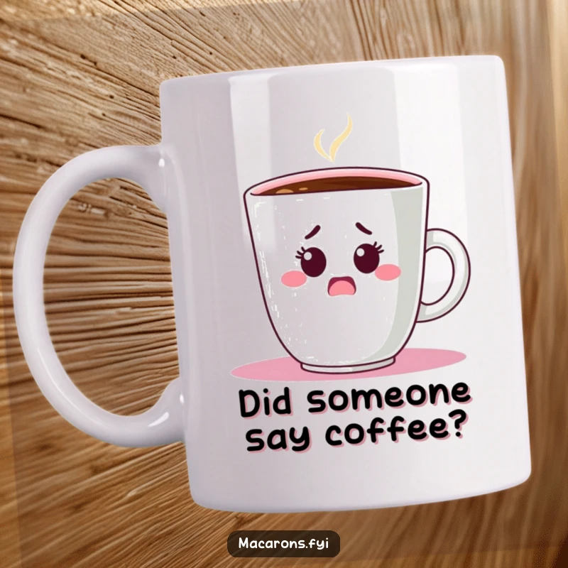Funny Macaron Mug: A shocked macaron character peeks wide-eyed from behind an enormous coffee cup, startled by the caffeine.