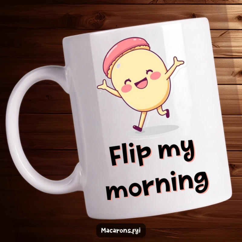 Funny macaron character performing a cartwheel with a wide, happy grin, depicted on a mug, symbolizing joy and energy.