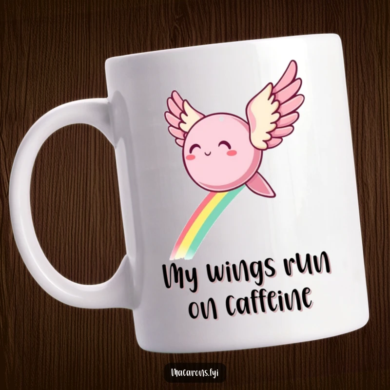 Funny Macaron Mug: An angelic macaron with spread wings soars gracefully through the air, leaving a vibrant rainbow trail behind it.