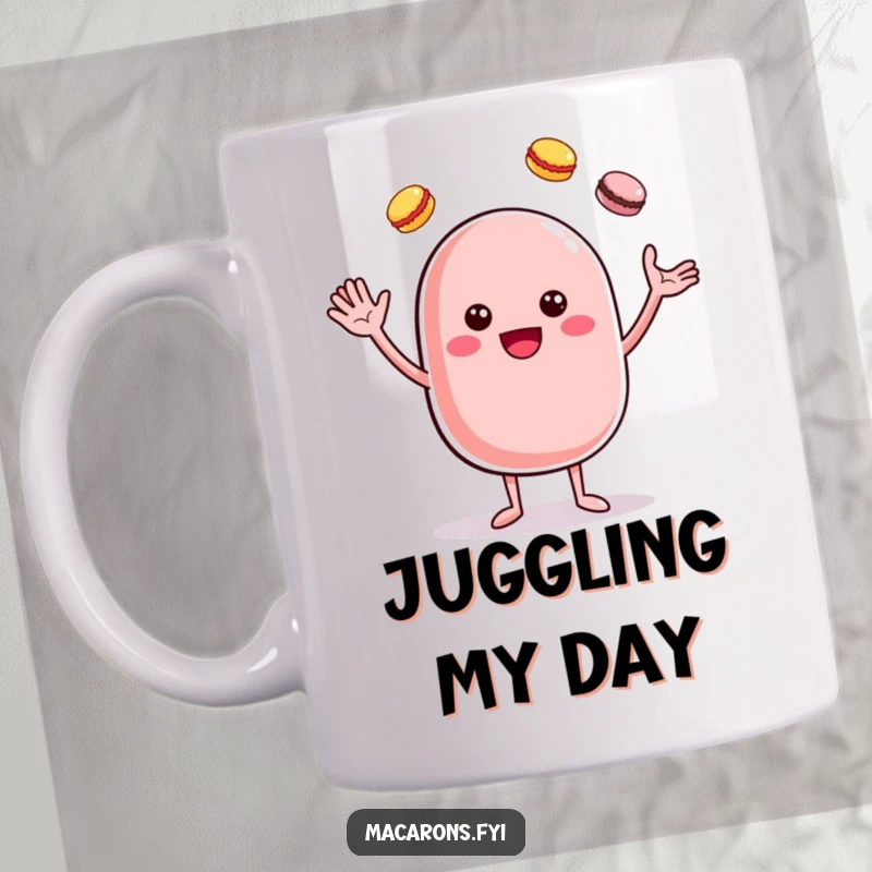 Funny cheerful macaron character waving hello and juggling smaller colorful macarons on a mug.