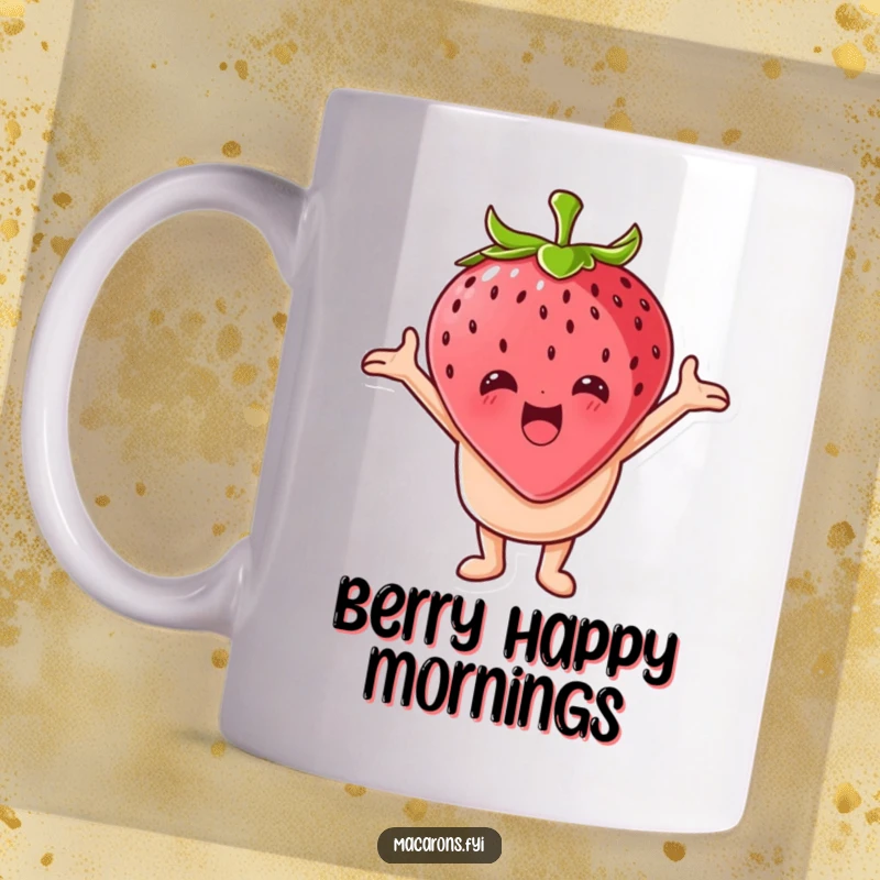 Funny macaron character with open arms joyfully embracing a giant strawberry on a mug, symbolizing sweet affection.