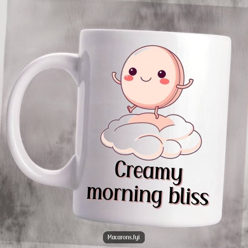 Funny macaron character with tiny legs joyfully bouncing on a fluffy cream cloud, depicted on a cheerful mug.