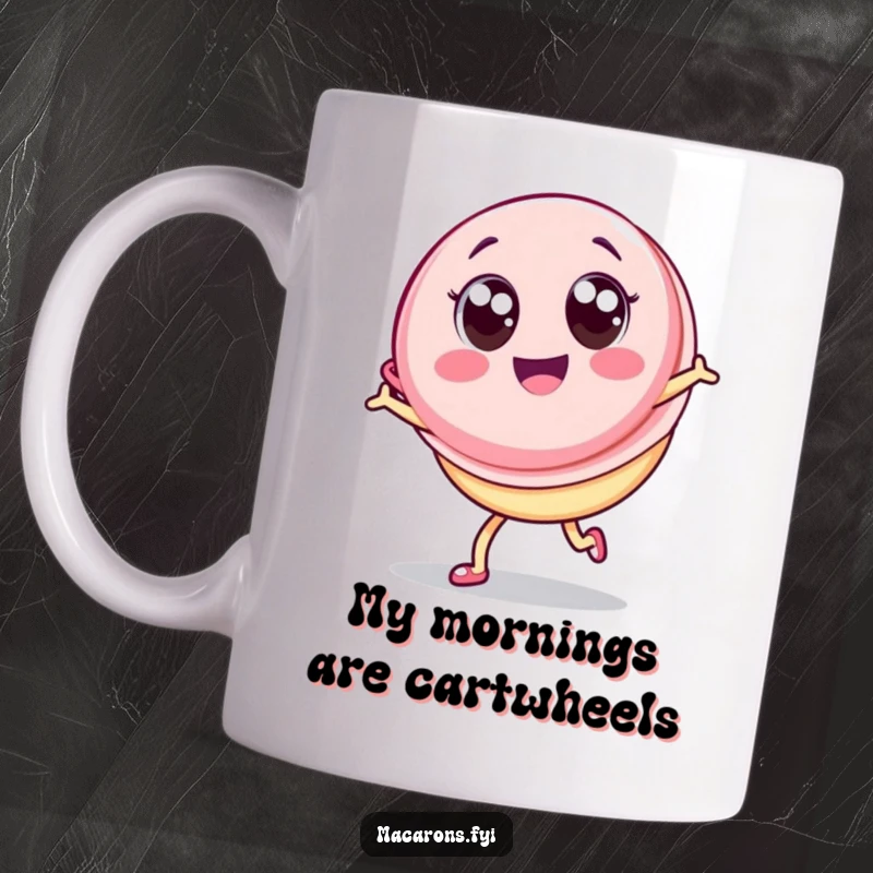 Funny Macaron Mug: Adorable Kawaii macaron character with big eyes joyfully doing a cartwheel, celebrating with excitement.