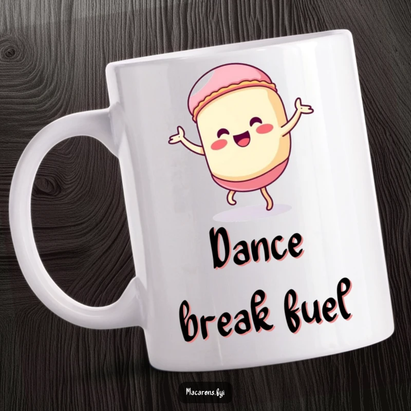 Funny Kawaii macaron character doing a wild, silly dance with exaggerated movements on this humorous mug.