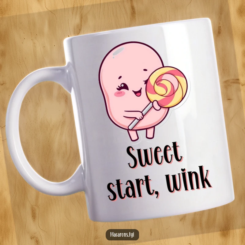 Funny Kawaii macaron character winking cheekily while holding a huge lollipop, a humorous and sweet mug design.