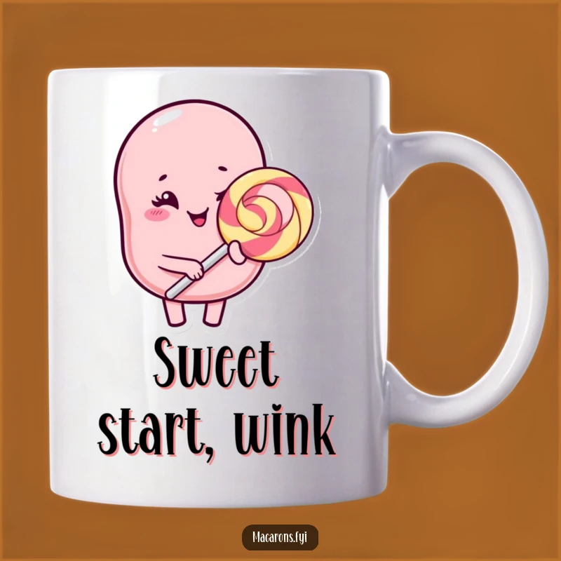 Funny Kawaii Macaron Lollipop Mug: Winking Character Holding Sweet Treat Gift