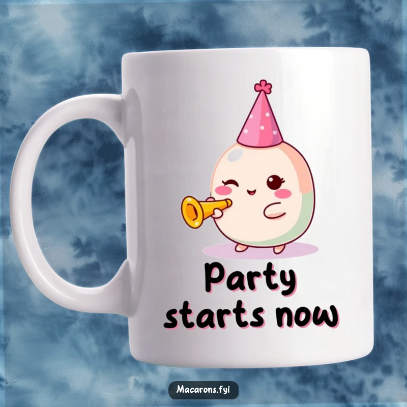 Funny Macaron Mug: Festive Kawaii macaron character wearing a party hat and joyfully blowing a tiny trumpet, signaling celebration.