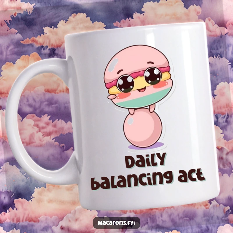 Funny macaron character with wide eyes, struggling to balance on a tiny ball, conveying comedic effort on a mug.