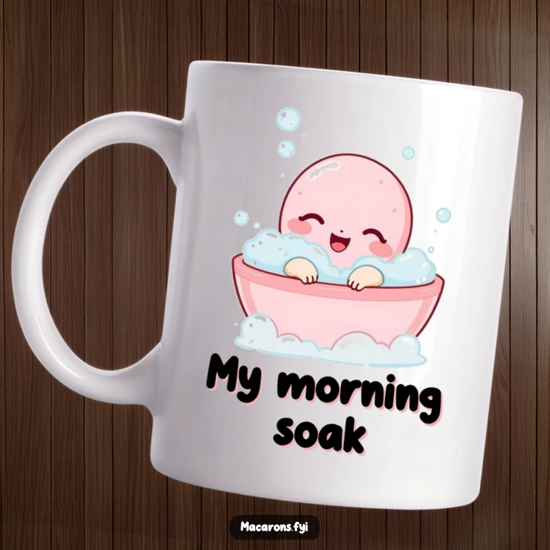 Funny macaron character blissfully happy and relaxed in a bubbly bath on a white background.