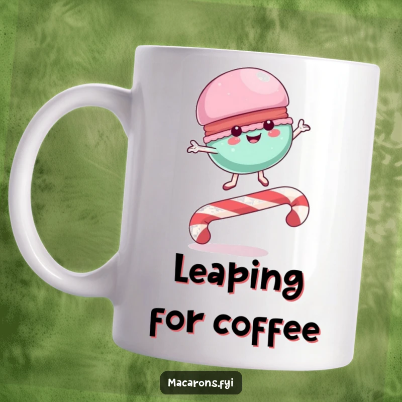 Funny Mug featuring a macaron character joyfully leaping high over a striped loop-de-loop candy cane, full of sweet energy.