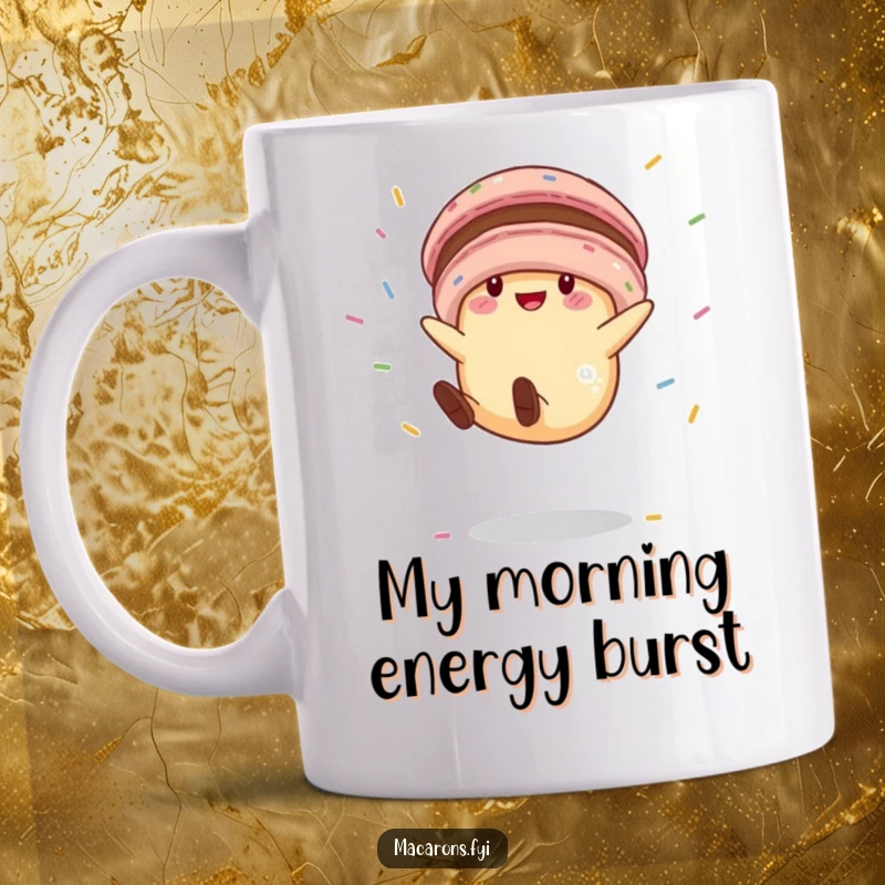 Funny macaron character doing a silly cartwheel with colorful sprinkles flying, conveying joy and playful energy on a coffee mug.