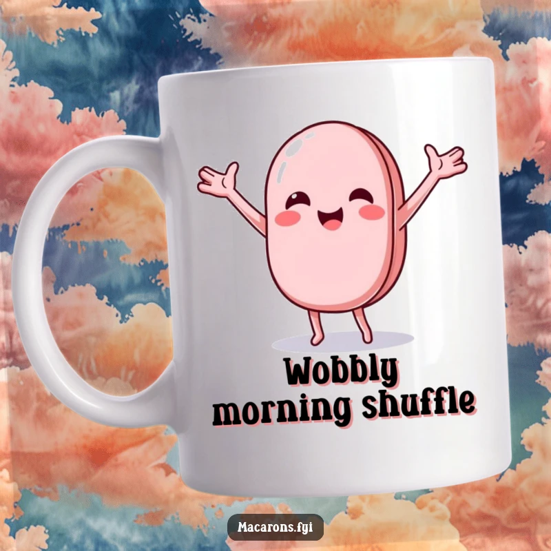 Funny macaron character doing a joyful, wobbly dance with arms outstretched, depicted on a happy coffee mug.