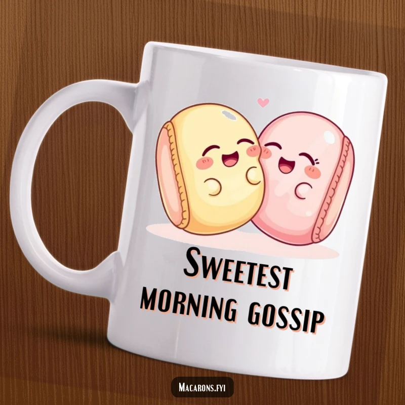 Funny macaron characters giggling together, leaning playfully into each other, depicted on a mug, symbolizing friendship.