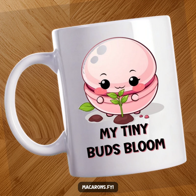 Funny macaron mug with a mischievous grin, planting a tiny seed in a pot, symbolizing growth and humor.