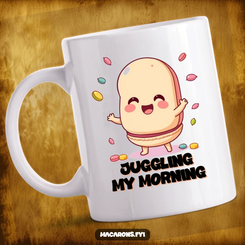 Funny Mug featuring a macaron character happily juggling small, colorful candies with sheer delight and concentration.