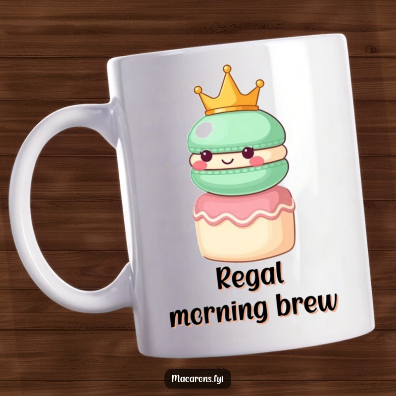 Funny macaron character wearing a small crown, looking regal atop a tiny cake, on a majestic coffee mug.