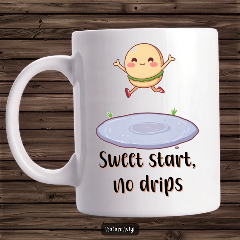 Funny mug with a single macaron character leaping joyfully over a tiny puddle, expressing determination and sweet resilience.