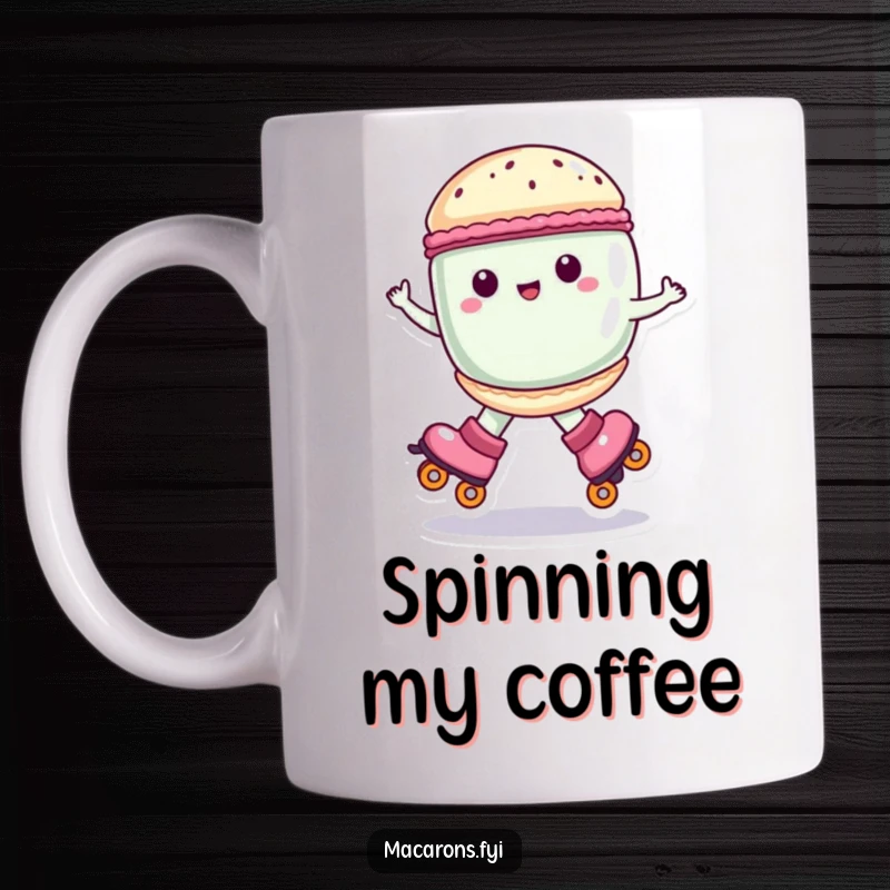 Funny macaron character wearing roller skates, spinning joyfully, mug design, perfect funny gift.