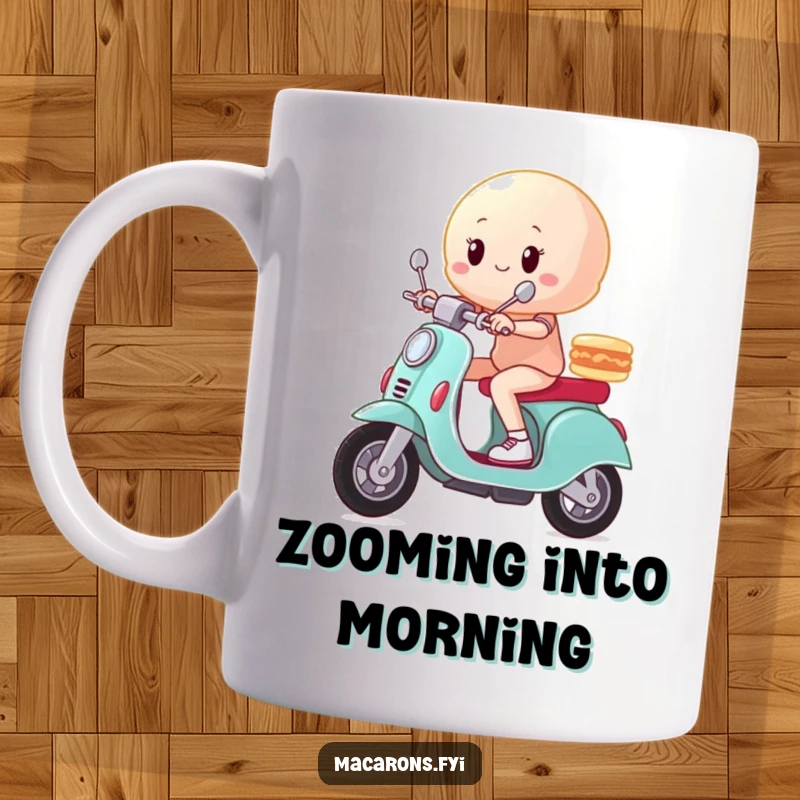 Funny macaron character on a tiny scooter, zooming triumphantly with a big smile, on a coffee mug.