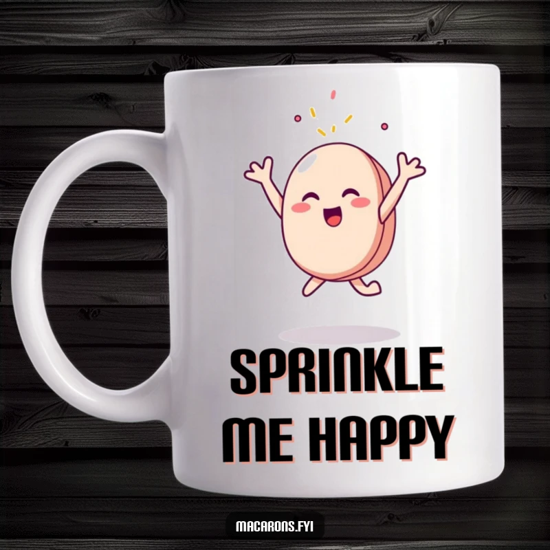 Funny Macaron Mug: A joyful macaron character leaps enthusiastically, arms outstretched, reaching for a delightful falling sprinkle, embodying pure dessert anticipation.